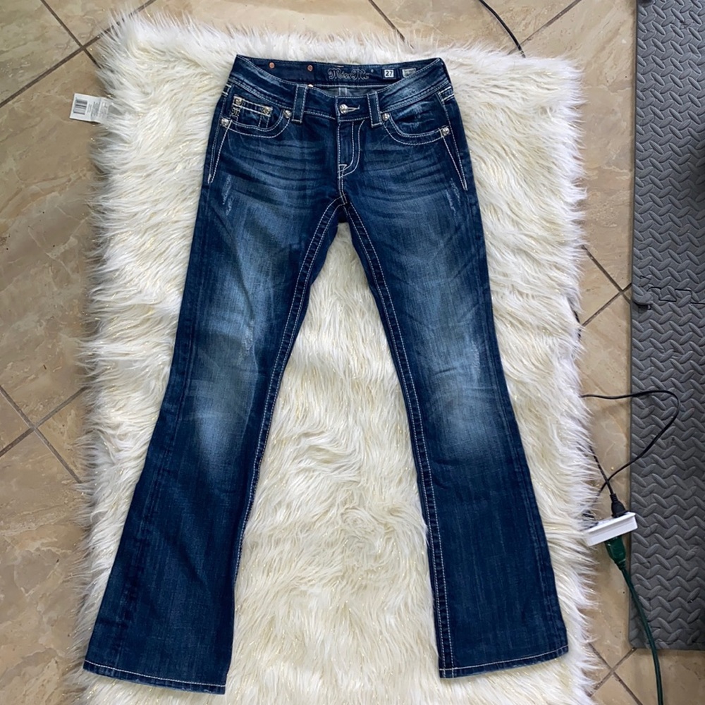 Miss Me Embroidered Crystals Dark Wash Boot Cut Cowgirl Western Jeans Size 27